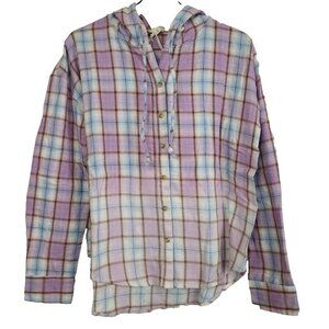 Hem and Thread Womens Hooded Shirt Medium Purple Plaid Deep Dye Button Up BOHO